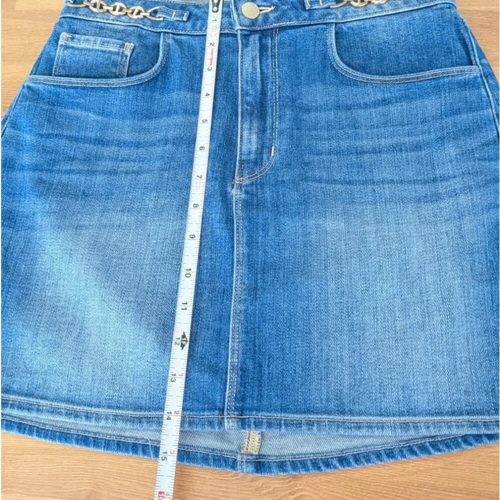 L'Agence Arlene Denim Mini Skirt Womens 28 Blue Gold-Tone Chain